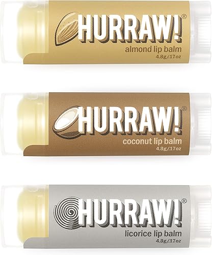 Hurraw! Bálsamos labiales de almendras, coco, regaliz, paquete de 3 orgánico, certificado vegano, sin crueldad y sin gluten. Sin OMG, 100% natural.