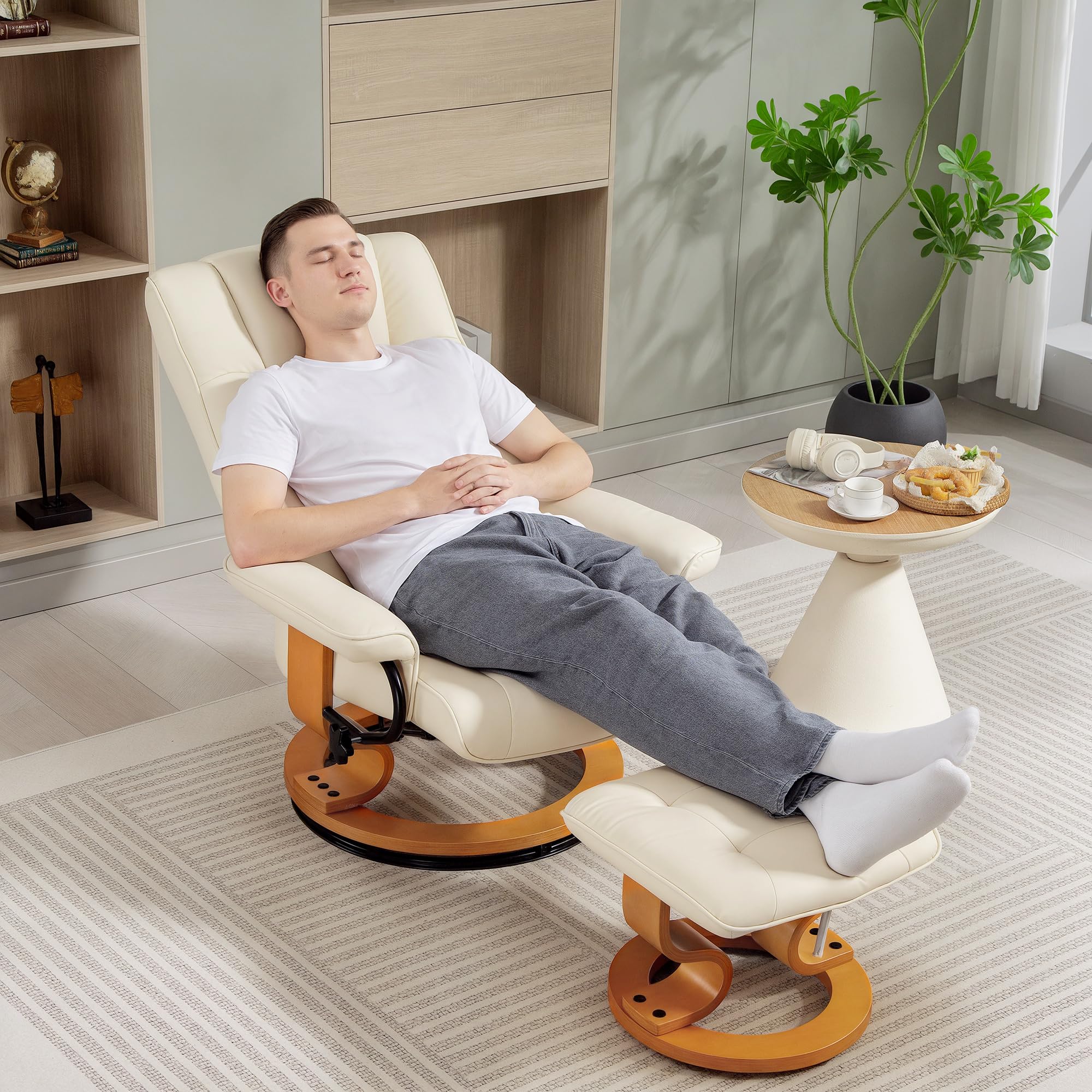 HOMCOM Fauteuil de Relaxation inclinable avec Repose-Pied Fauteuil Relax de Salon pivotant, Cadre en Bois revêtement synthétique 76 x 85 x 104 cm crème