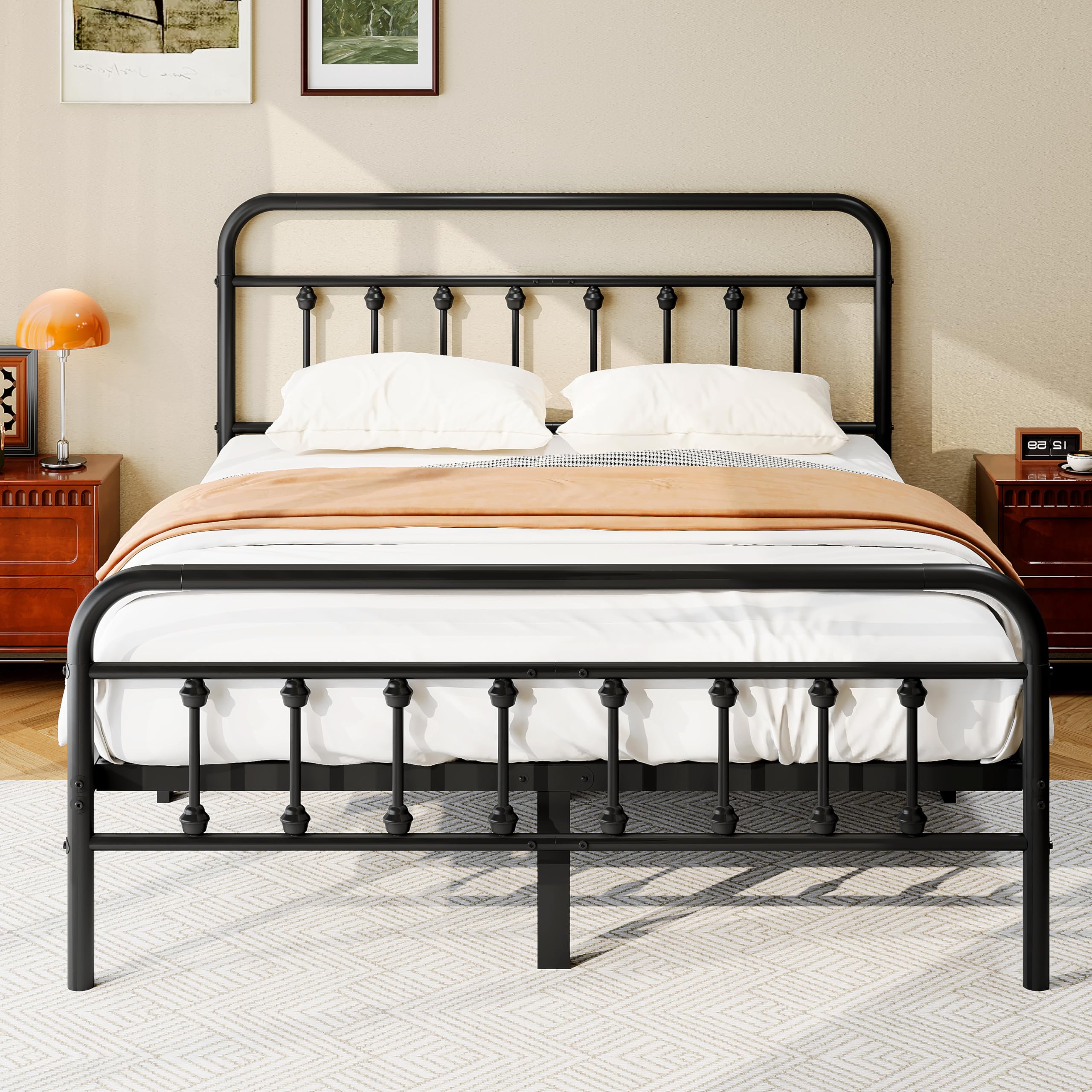 King Size Metal Platform Bed Frame Victorian Style Headboard and Footboard Steel Slat Support Easy Assembly No Box