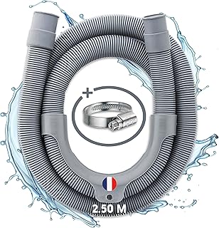 Electroo Tuyau Vidange Machine à Laver 2,5M - Raccord Tuyau Evacuation Machine a Vaisselle Ø19-22 mm - Tuyau Lave Vaisselle Facile a Installer - Rallonge Evacuation Crosse & Collier de Serrage Fournis