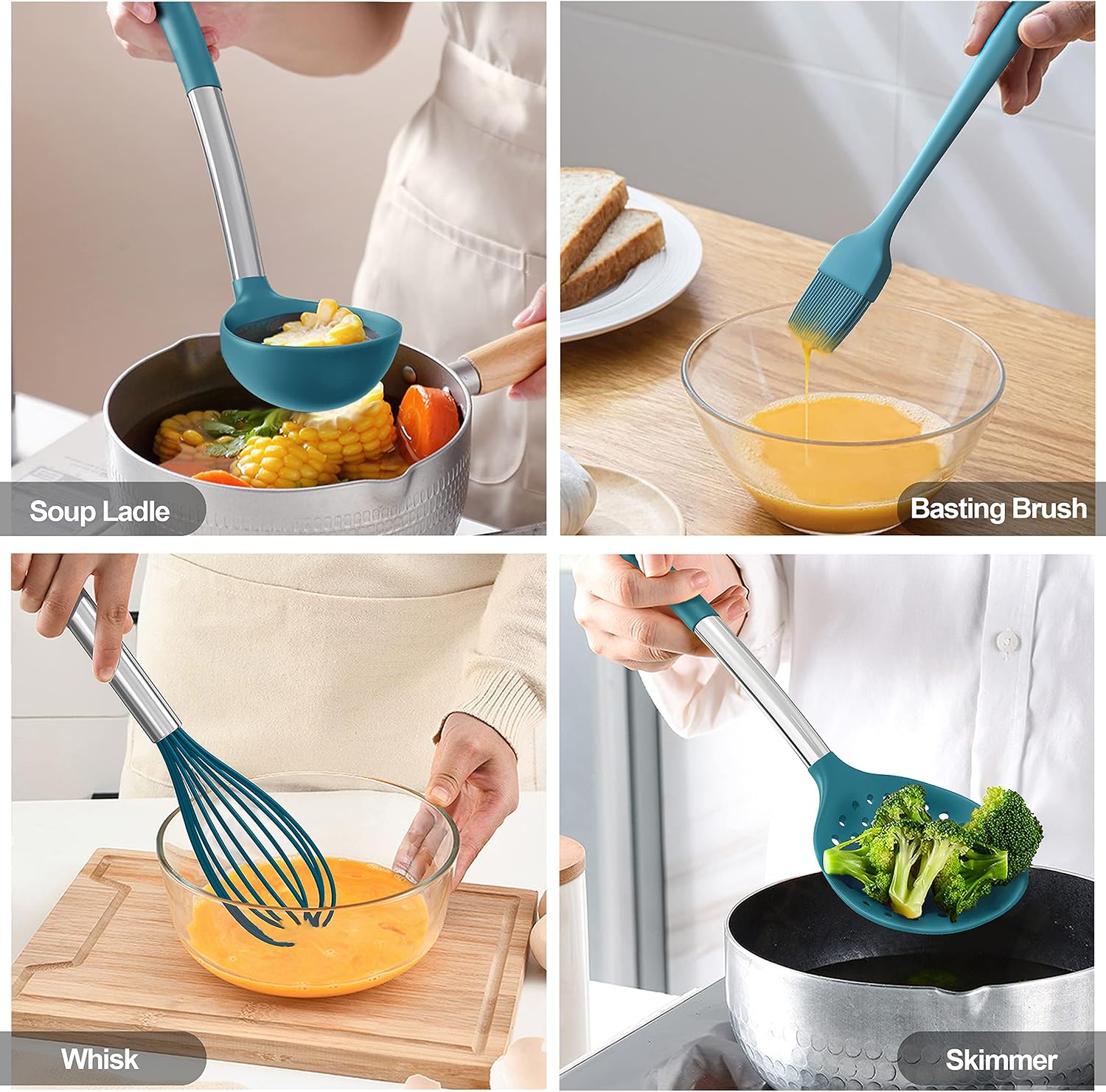 17Pcs Silicone Cooking Kitchen Utensils Set, BPA Free, Non-Stick Heat Resistant Best Kitchen Cookware with Stainless Steel Handle(Blue)