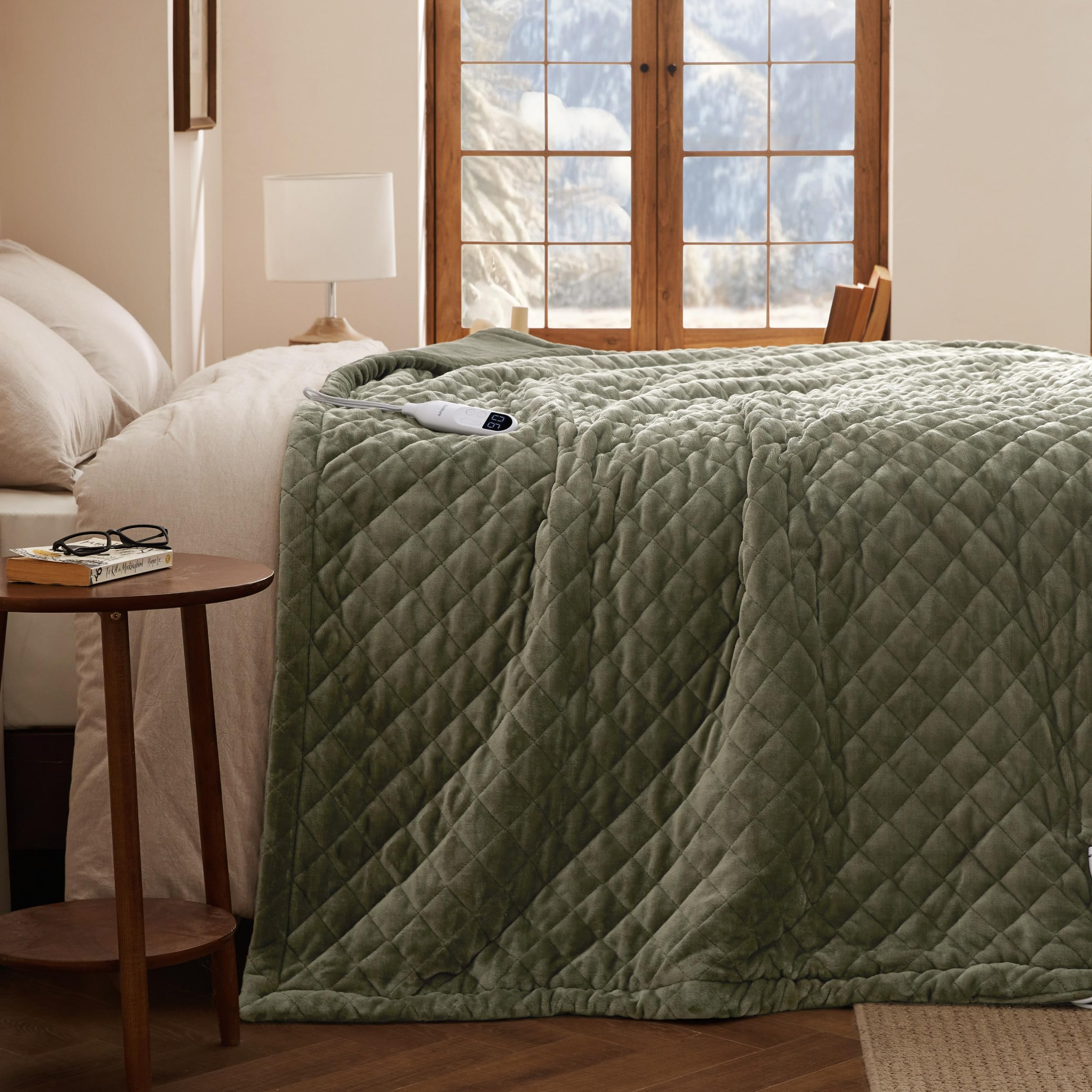 Bedsure Luxury Quilted Heated Blanket Twin, Filled Electric Blanket, Green | Diamond Quilted, Ultra Soft, Comforter-Like Warmth, Fast Heating, Memory &amp; Preheat, 1-10 H Auto Off, 10 Heat Settings, 62x84