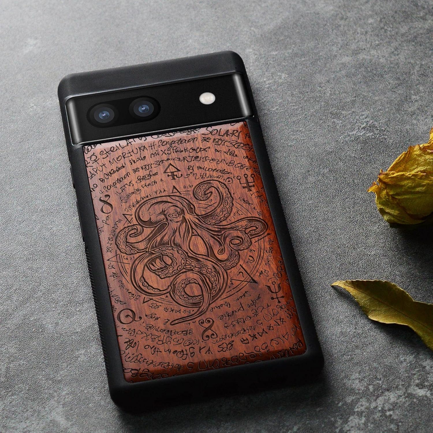 Carveit Wood Case for Pixel 6a Case [Natural Wood & Black Soft TPU] Shockproof Protective Wooden Cover Compatible with Google Pixel 6a (Octopus of Old Manuscript-Rosy)