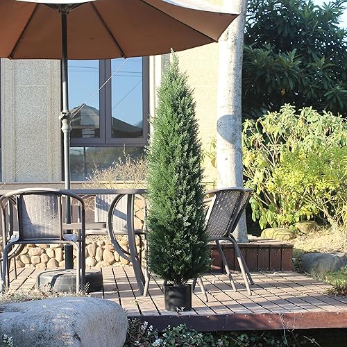 Miniatura 6 de Juego de 2 árboles artificiales de cedro artificial de 5 pies, arbustos resistentes a los rayos UV, plantas en maceta, árbol artificial al aire