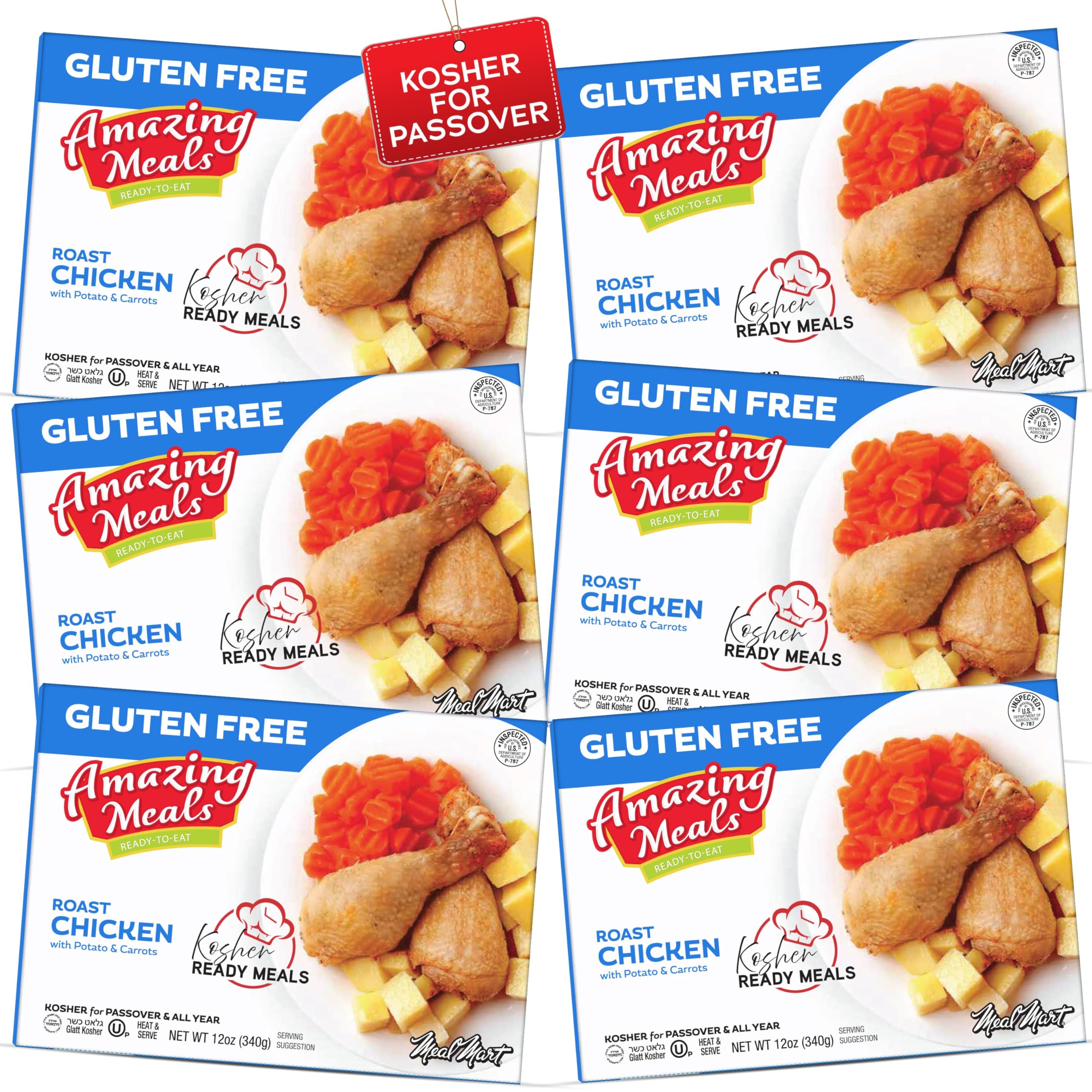 Kosher for Passover Ready Meals - Roast Chicken with Potato & Carrots, MRE Meat Meals Ready to Eat, Gluten Free Food, Halal, (6 Pack) Prepared Entree
