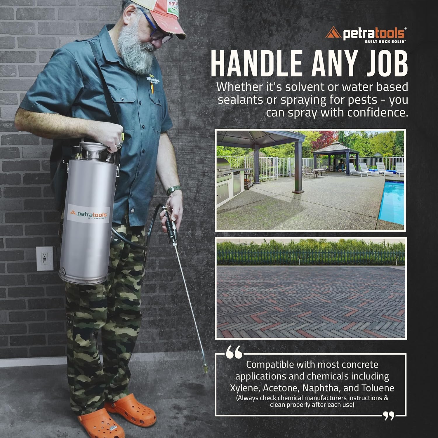 PetraTools 2 Gallon Concrete Sprayer Stainless Steel, 2-Gallon Concrete Chemical Pump Sprayer with Heavy Duty Hand Pump, Non-Corrosive Viton Seals, Hose and Tank