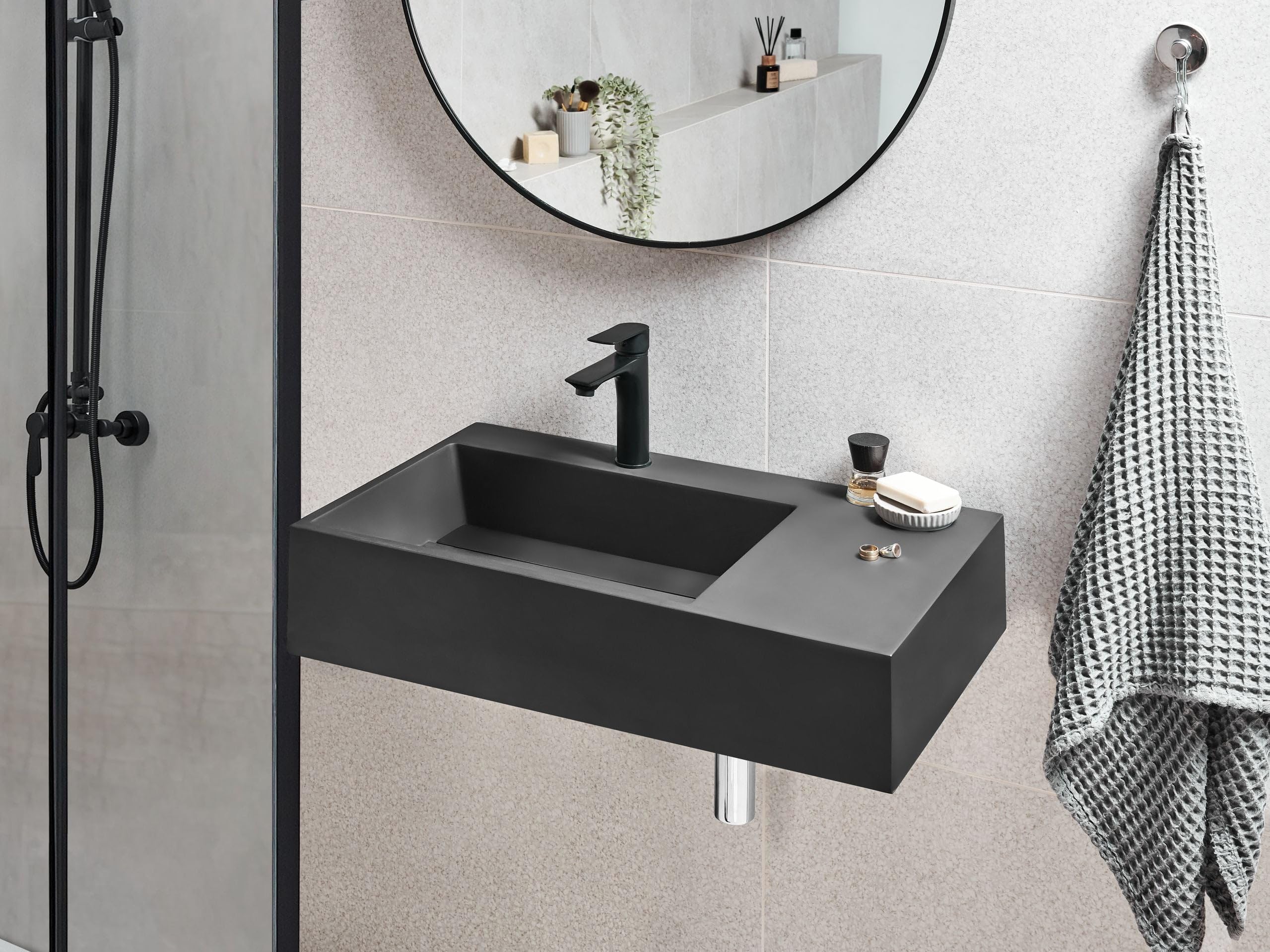 Lavabo suspendido de pared clásico rectangular fundición mineral acabado mate 75 x 43 cm negro Cusco
