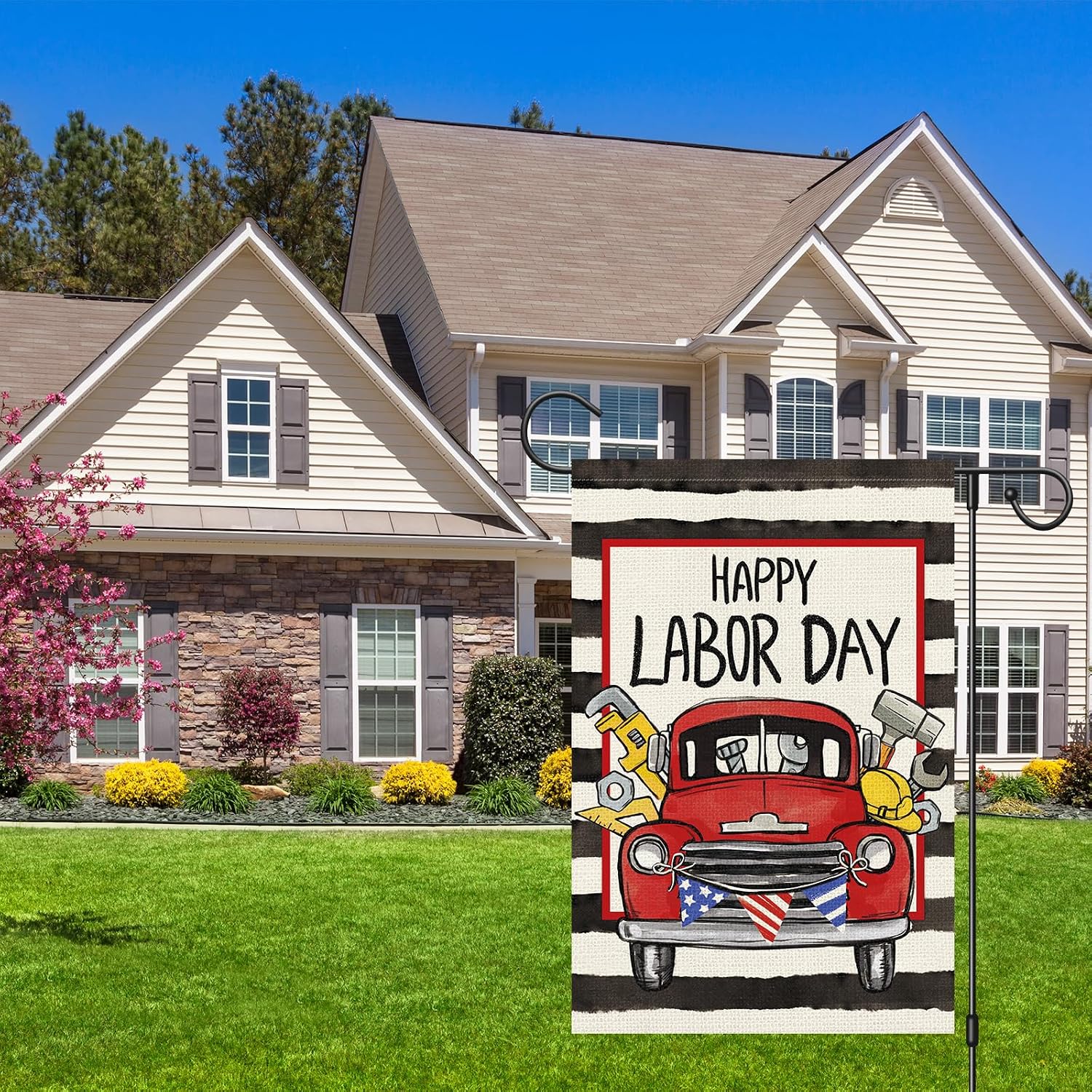 Happy Labor Day Garden Flag 12x18 Double Sided Vertical, Small Burlap Truck Tools American Labor Day Decor Flags for Outdoor Yard image 3