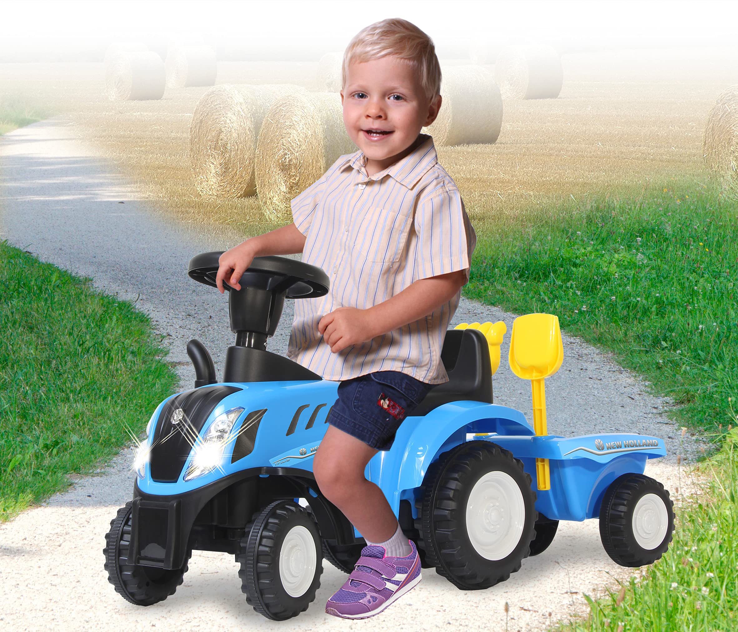 Rutscher New Holland T7 Traktor – ab 12 Monate, Sitzhöhe 270 mm, Kippschutz, originalgetreue Optik, Anhänger mit Schaufel und Rechen, LED Licht