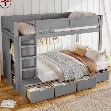 VilroCaz Twin Over Twin Bunk Bed with 4 Storage Drawers, Solid Wood Bunk Bed with Built-in Wardrobe -Length Guardrails for Kids Teens Adults, Maximize Space Gray-1.13
