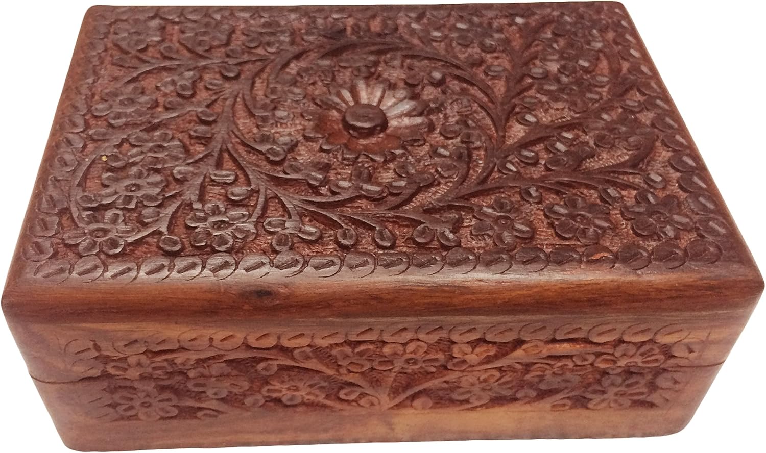 Khandekar Hand Carved Wooden Keepsake Decorative Jewelry Trinket Box Storage Organizer with Floral Patterns for Girls Women