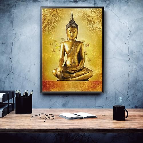 Miniatura 2 de Lienzo decorativo para pared con estatua de Buda de oro y dios zen, arte de pared para decoración del hogar (12 x 18 pulgadas, marco negro moderno)