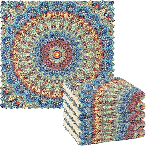 Kcldeci Juego de 6 paños redondos de mosaico de mandala para lavar platos, cocina, paños de cocina de microfibra, paños absorbentes y reutilizables