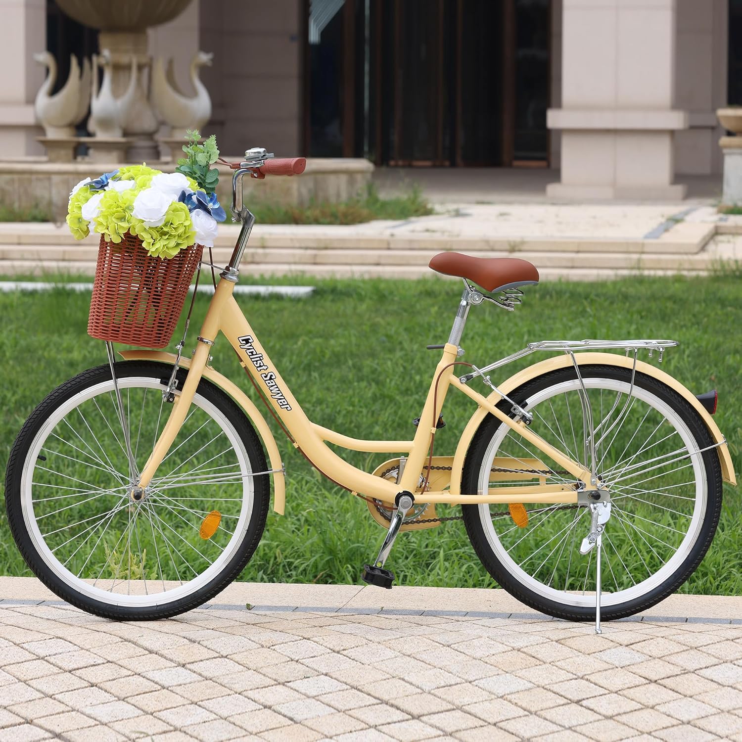 Beach Cruiser Bike, 26 inch Adults Bicycle for Women Single Speed, Cruiser Bikes for Women with Basket & Steel Rack, Women's Bike for Commuting, City Bike for Adults