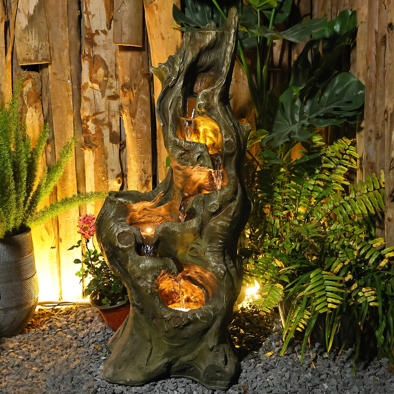 LED-Gartenbrunnen im Baumstamm-Design, 5-stufiger Kaskaden-Wasserfall aus wetterfestem Kunstharz | Naturgetreue Holzoptik für Terrasse & Vorgarten | 31 x 46 x 102 cm (LxBxH)