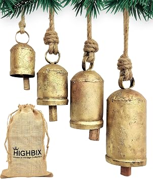 Rustic Christmas Hanging Bells Handmade Iron Bell Set on Jute Rope Vintage Shabby Chic Door & Wall Decor HIGHBIX Farmhouse Holiday Decoration 4