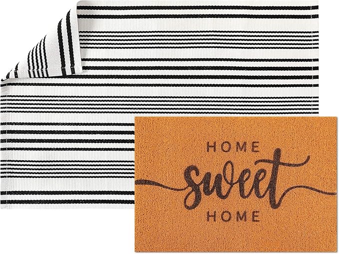 2 Pcs Front Door Mat Set Includes 24 x 35 Black and White Striped Mat 16 x 24 Coir Door Mat Washable Front Porch Mat for Entrance (Classic)