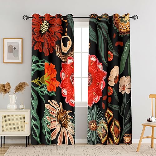 Miniatura 16 de Cortinas Opacas Florales Bohemias Negras 100% para Dormitorio 72 Pulgadas de Largo 2 Paneles Cortinas Opacas Botánicas de Mediados de Siglo Negras