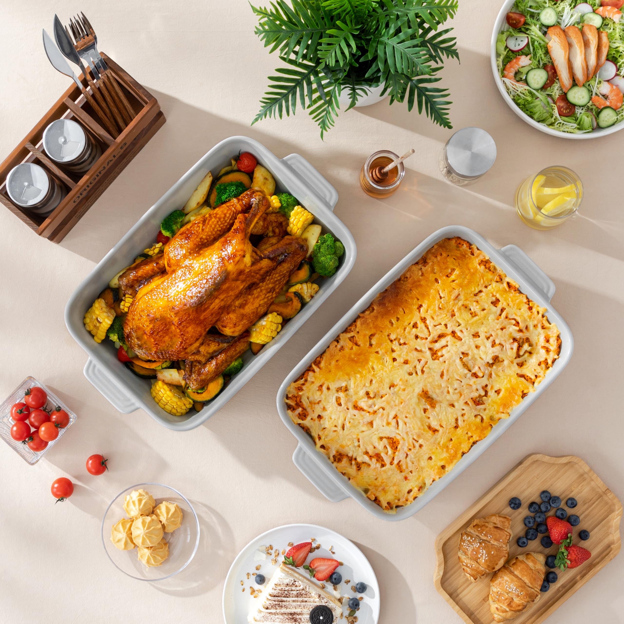 MALACASA Naczynia do lasagne 4,5 l do piekarnika, 25 x 30 cm, szare ceramiczne naczynie do piekarnika z uchwytami, głębokie prostokątne naczynia do pieczenia, patelnia do lasagne do pieczenia, seria