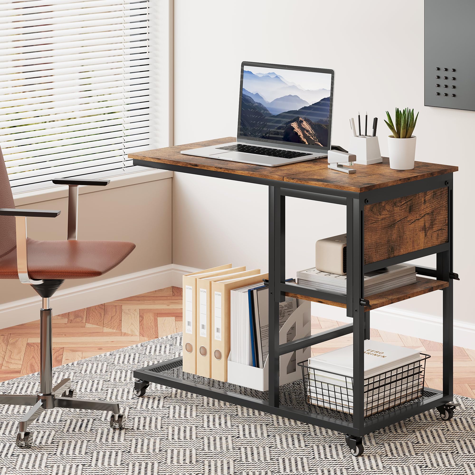TQVAI Mesita Auxiliar en Forma de C, mesita de Altura Regulable con estantes de Almacenamiento sobre Ruedas y Tablero de Madera inclinable para salón, Dormitorio y sofá, Negro/Antiguo