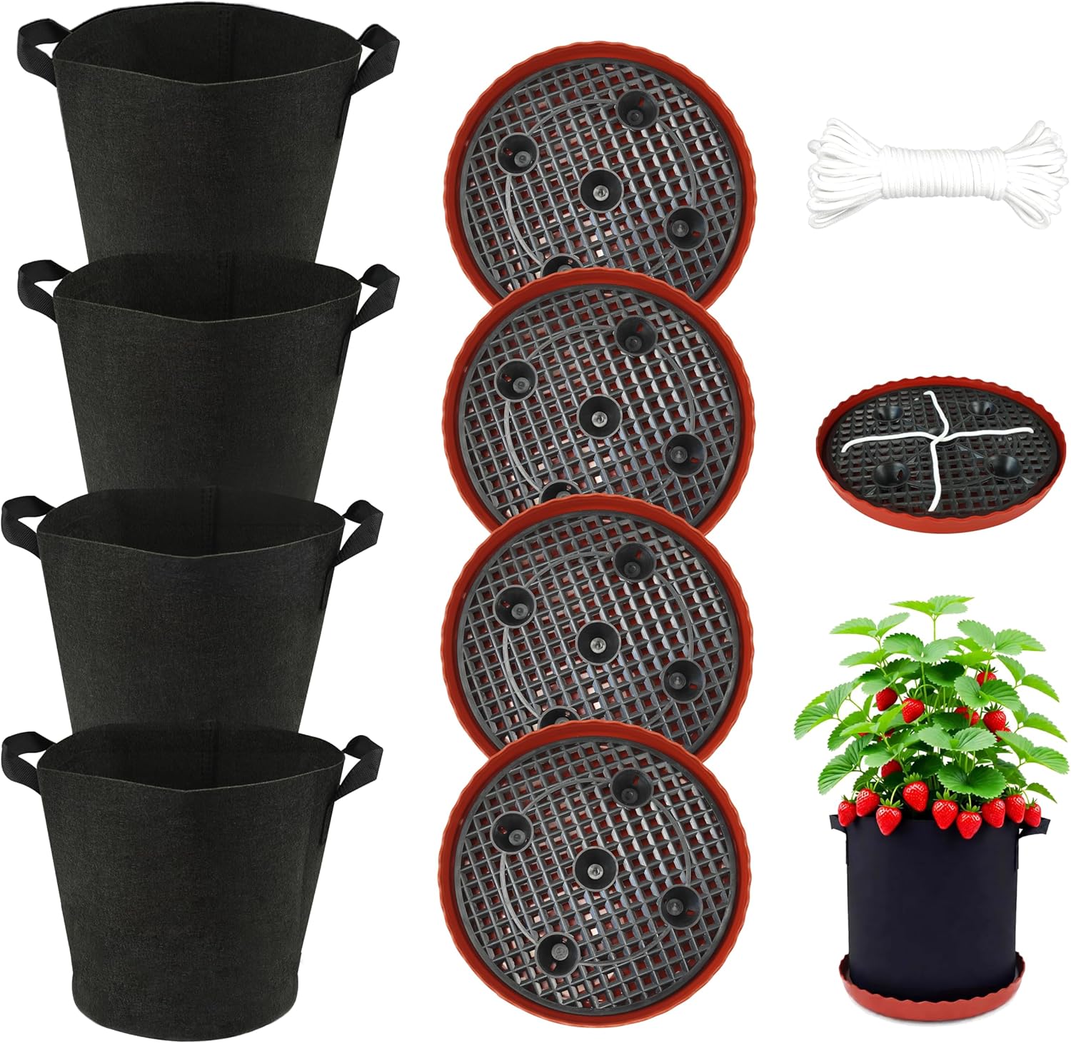 Fabric Grow Bag with Self-watering Base, 4 Pack 5 Gallon Nonwoven Garden Pot with Handle, Automatic Watering Planter, Cloth Plant Container with Self Watering System Tray Saucer Vegetable Fruit Flower