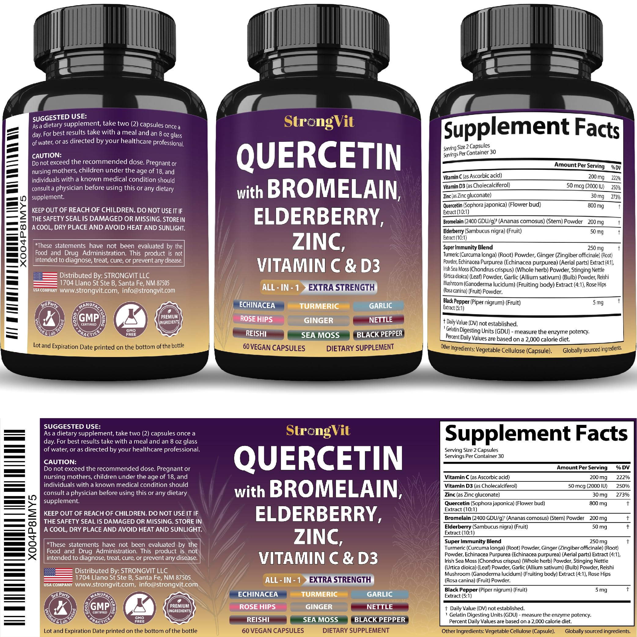 StrongVit Quercetin with Bromelain, Elderberry, Vitamin C, D3-60 Caps — Amazon image 8