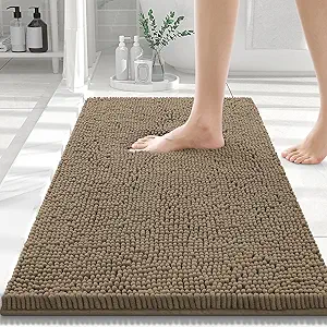 Smiry Luxury Chenille Bathroom Rugs 30x20, Extra Soft and Absorbent Shaggy Bath Mat, Machine Washable, Non-Slip Plush Carpet Runner for Tub, Shower, and Floor, Home Decor Accessories, Camel