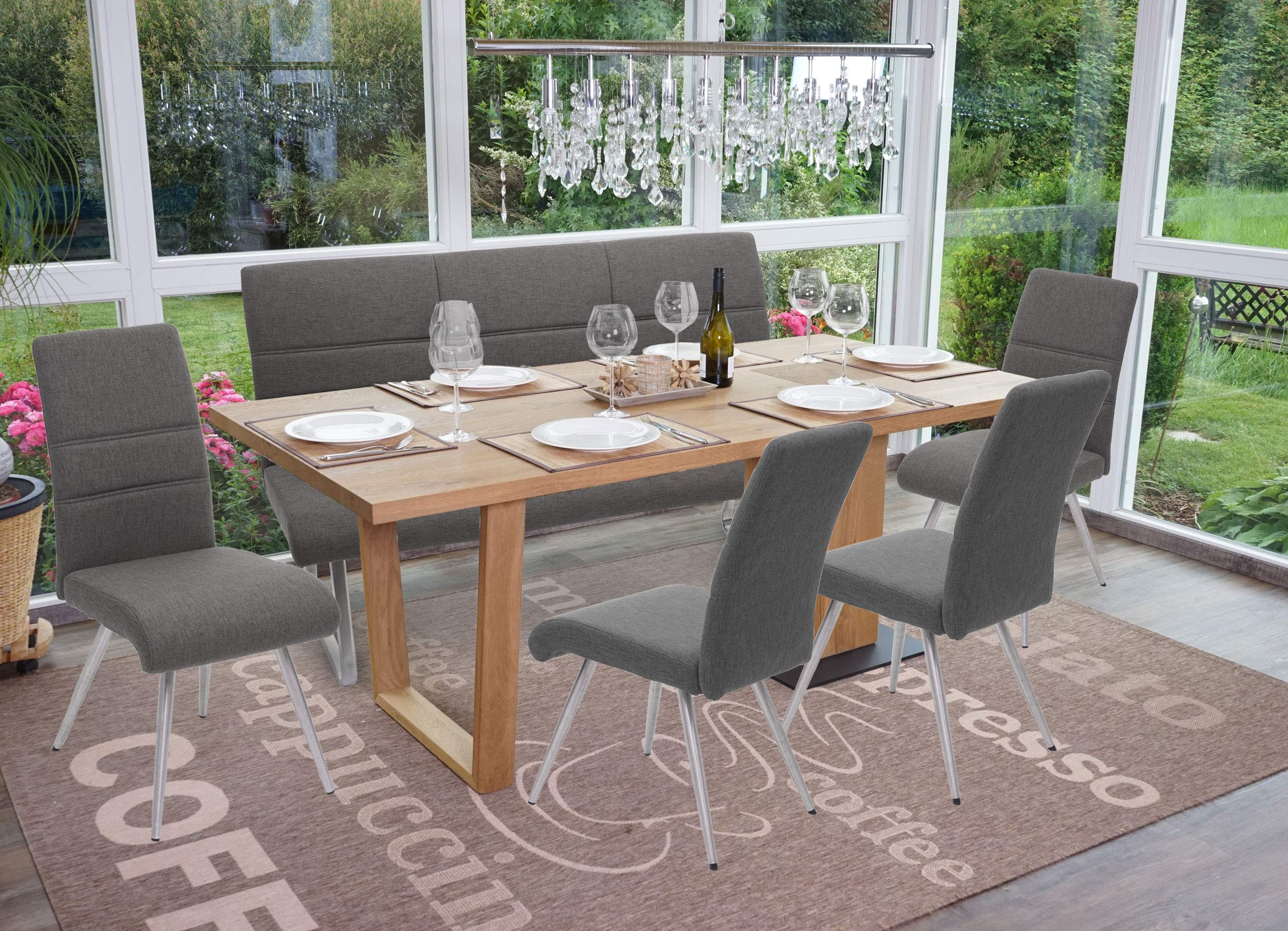 Mendler Set 4X Esszimmerstuhl+Sitzbank HWC-G55 - grau-braun Bank 160cm