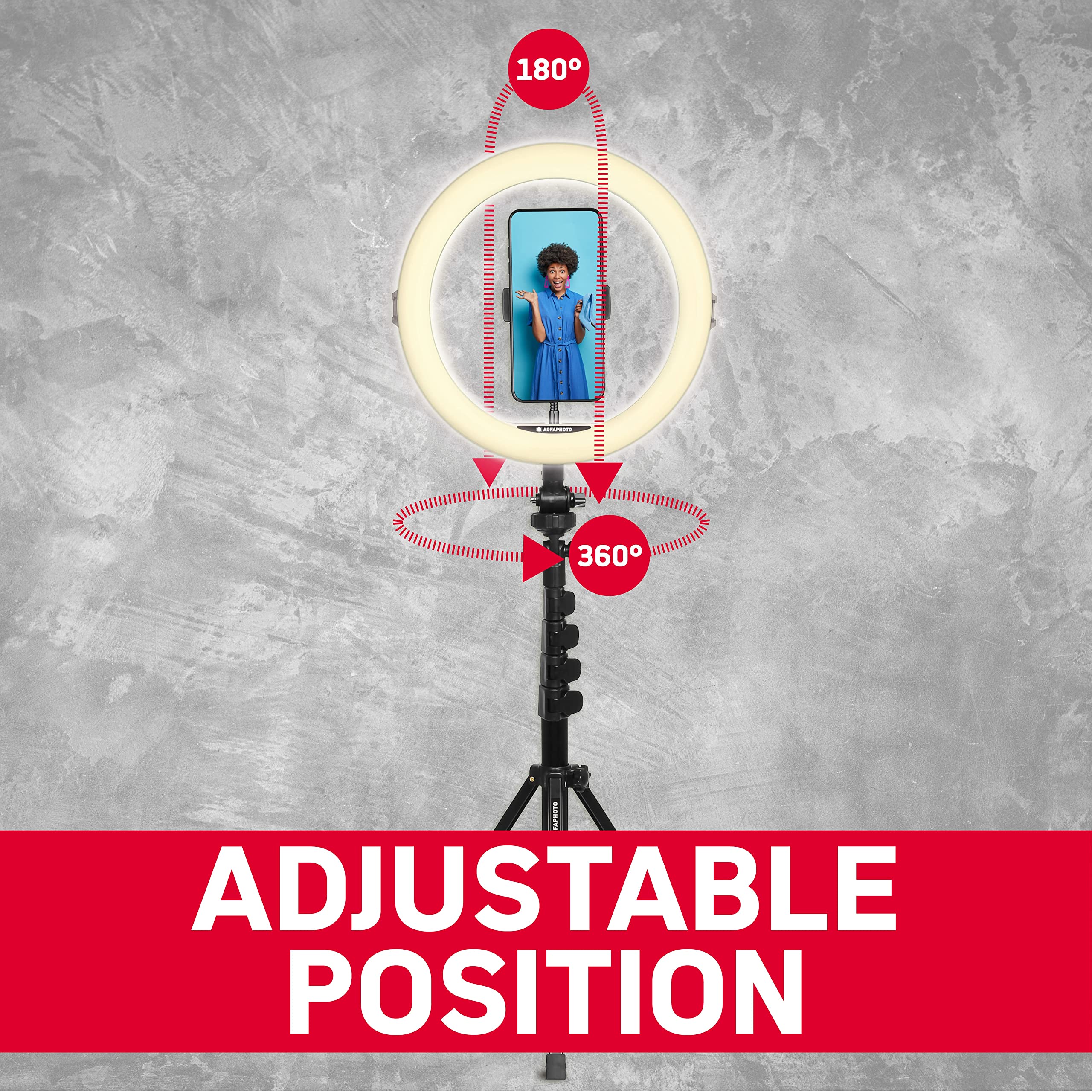 AgfaPhoto Realiview ARL11XL 11" LED Ring Light with Tripod 45-155 cm for Video Photo Smartphone