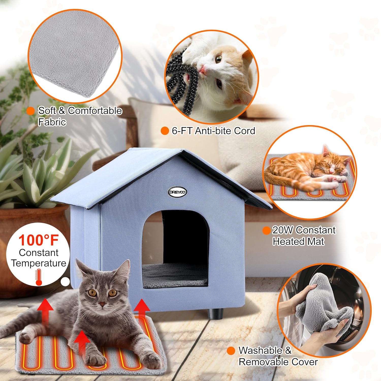 Dreyoo 2 Pack Heated Cat House Weatherproof, Winter Outdoor Tent with Heated Bed, Foldable Warm Shelter with 2 Doors for Feral Cats and Small Animals (Blue)