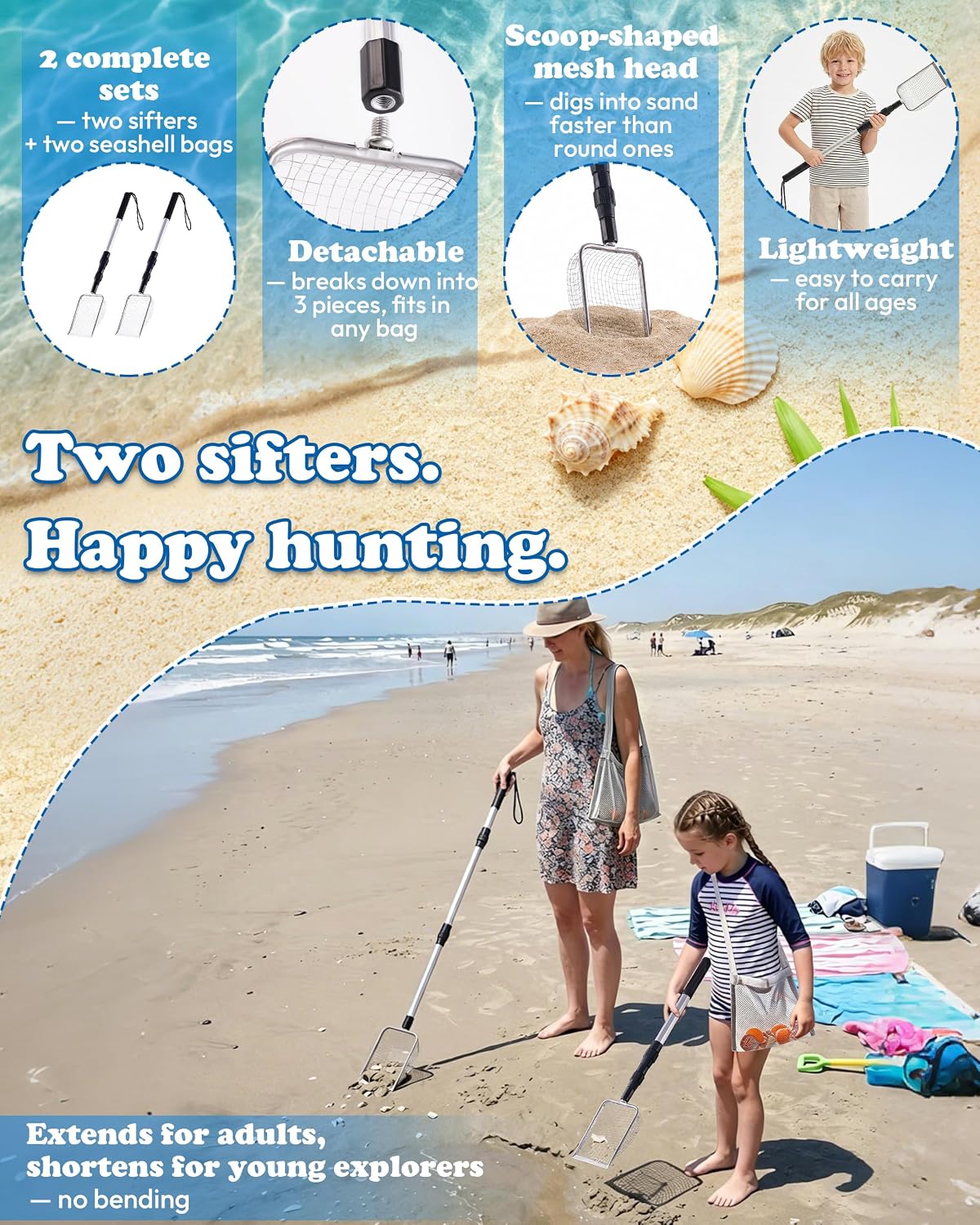2Pcs Shark Tooth Sifter, with Seashell Bags, Beach Sand Scoop w/Adjustable Handle 21"-35", Angled Mesh Head for Fast Sifting, Lightweight Aluminum & Steel, Sand Sifter