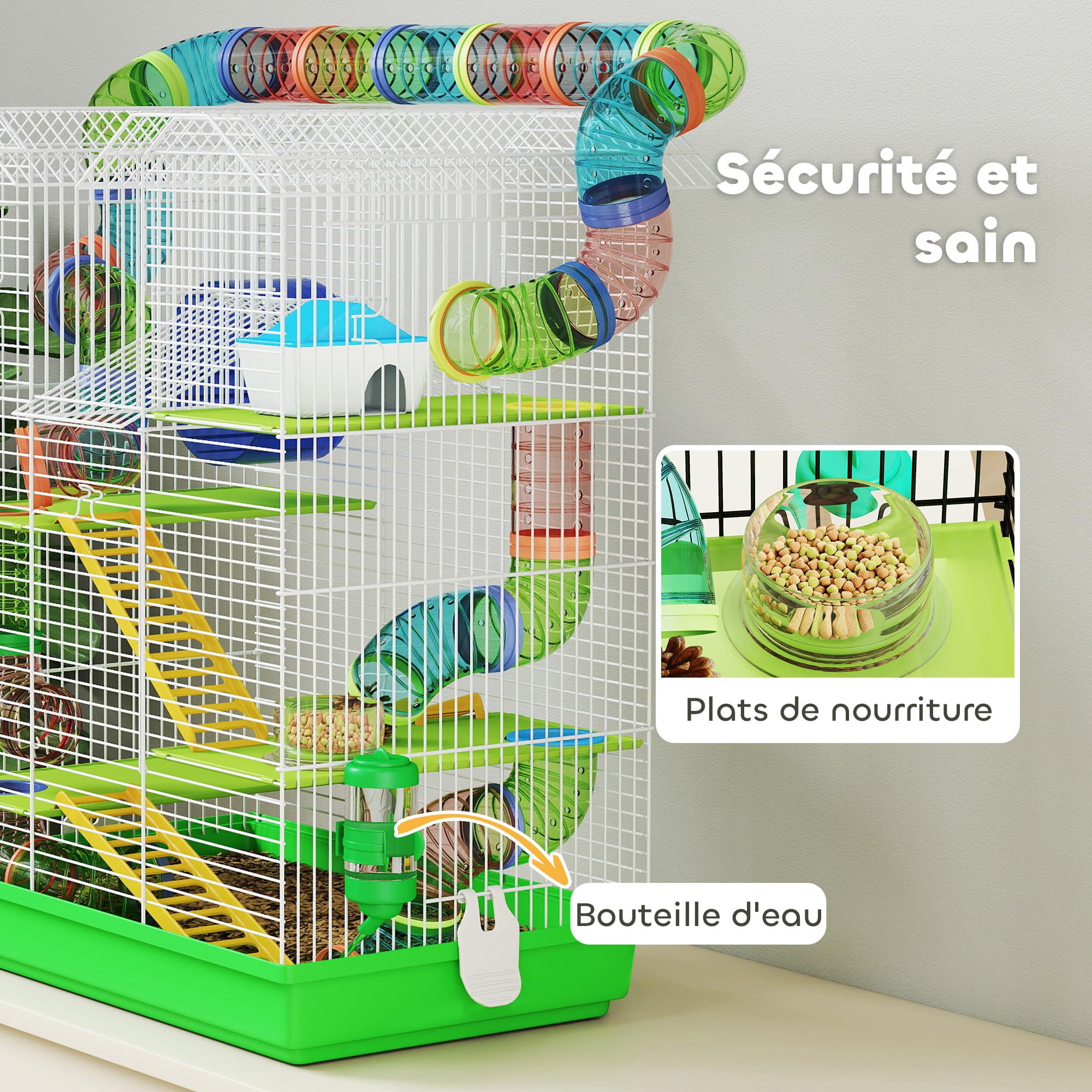PawHut Cage pour Hamster Souris Petit Animaux Rongeur avec Tunnel Mangeoire Roue Jouet 47 x 30 x 59 cm Vert
