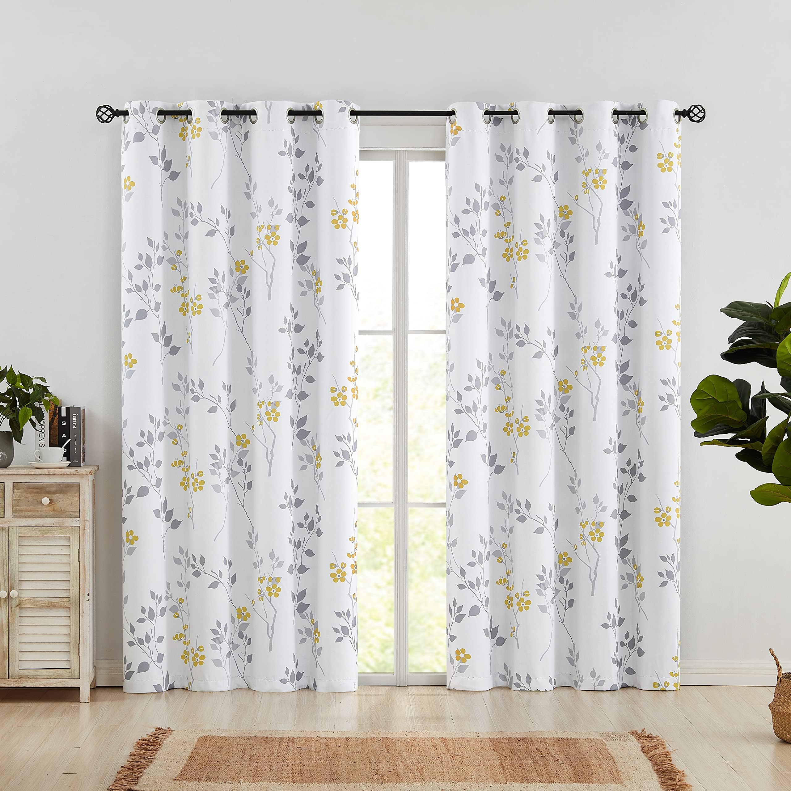2 Pcs Blackout Curtain Drapes with Fern Print, Thermal Insulated Noise