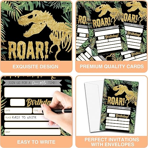 Miniatura 3 de Invitaciones de fiesta de cumpleaños de dinosaurios dorados, 20 invitaciones para fiesta de cumpleaños de la selva con sobres, HBYQK-B44