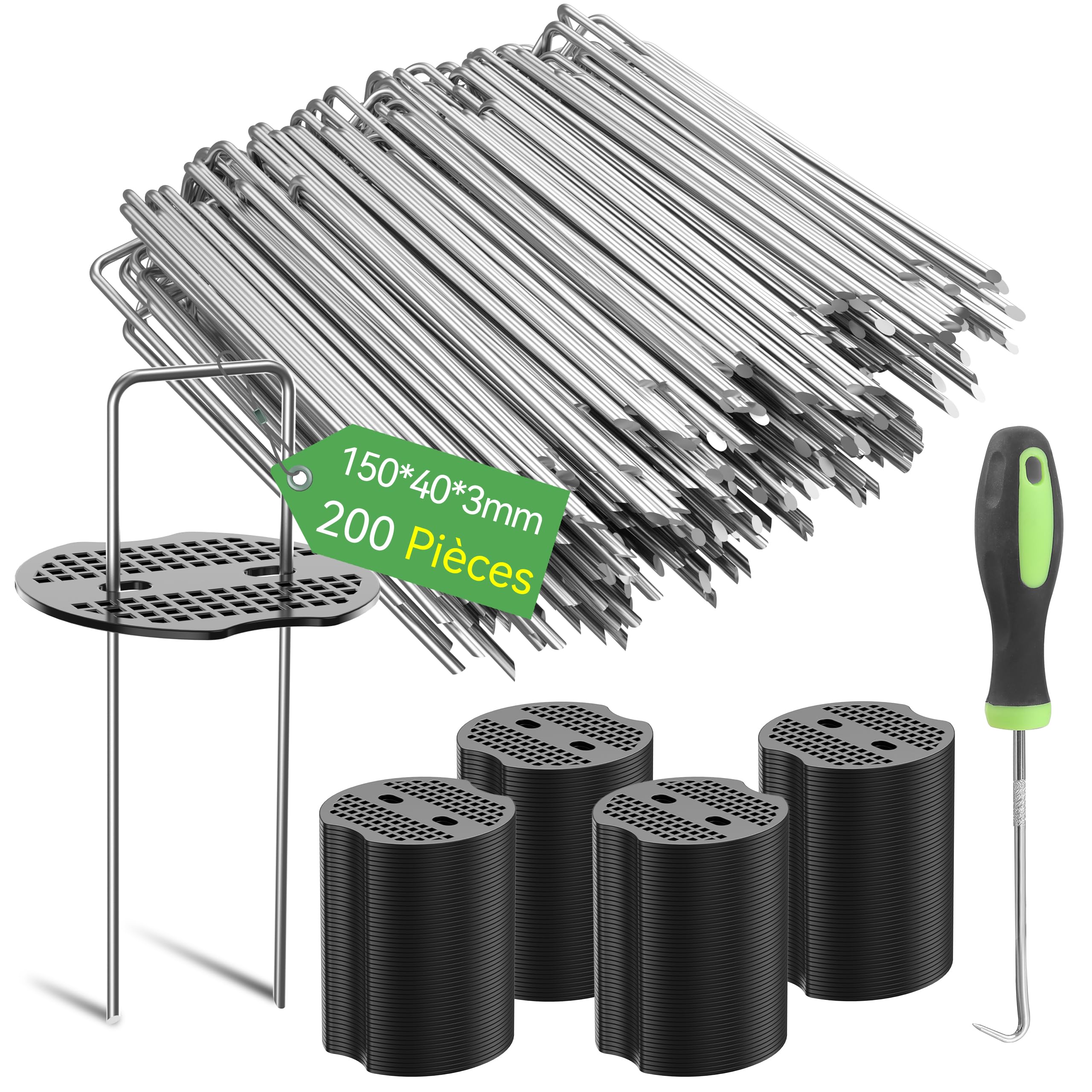 200Pcs 15cm Piquets de Jardin Robustes Ø 3mm avec 200Pcs de Joint - Agrafes en Acier Galvanisé pour Fixer Toiles Anti-Mauvaises Herbes, Filets et Les Tubes avec 1 Crochet de Ramassage