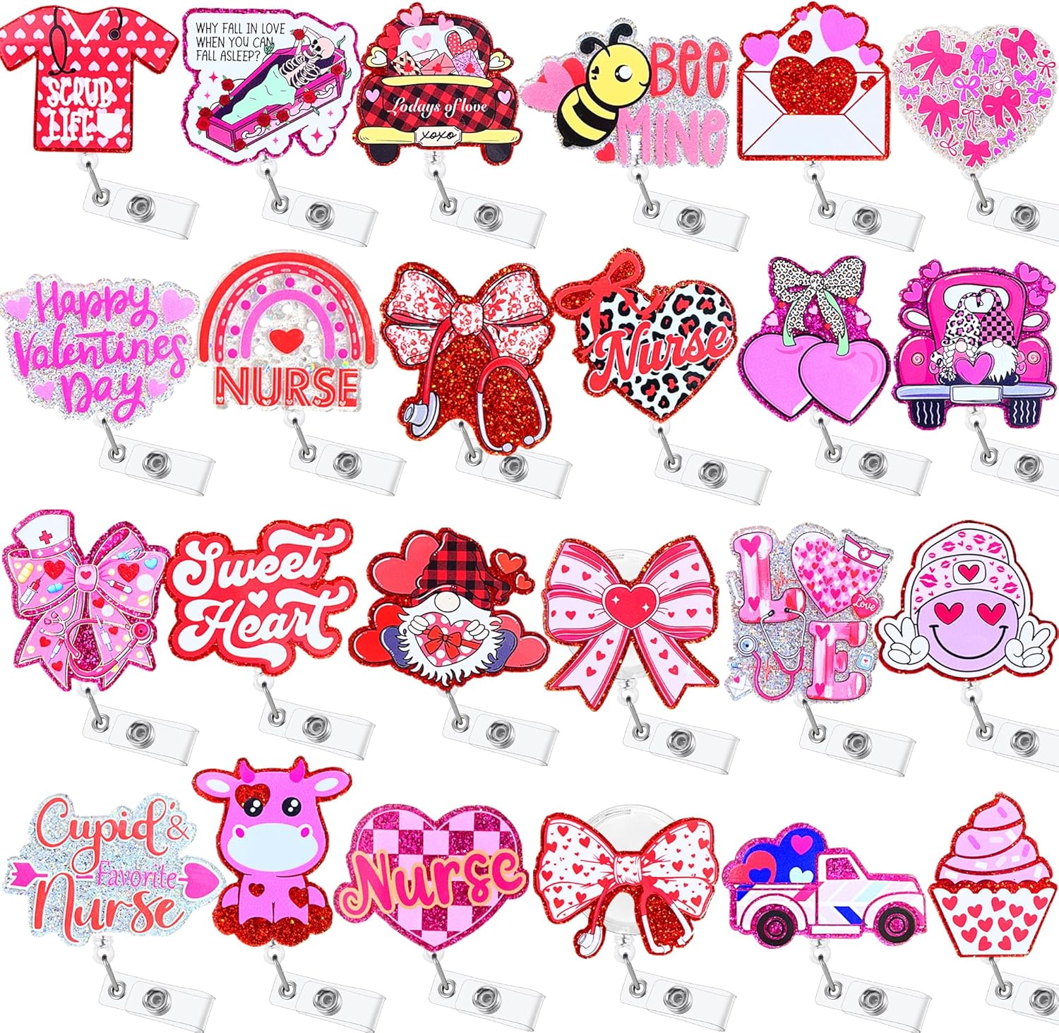Namifin 24PCS Valentine's Day Badge Reels with Alligator Clip Funny Retractable Love Holiday Badge Holders Glitter Nurse Gifts Accessories for Friends, Co-Workers
