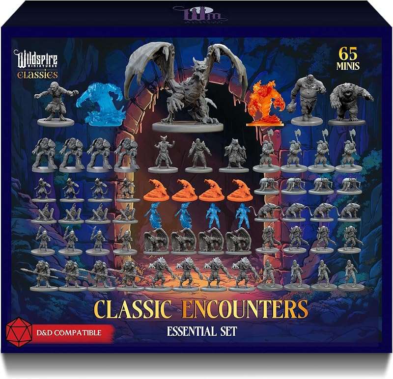 Encuentros clásicos - Conjunto esencial - 65 miniaturas icónicas de DND, monstruos a granel, 28 mm, minifiguras de RPG DND de mesa sin pintar, miniaturas de D&D de mazmorras y dragones, figuras de D&D de fantasía, ensambladas sin imprimación