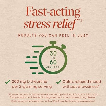 Nature's Way Quick Calm Gummies, Stress-Reducing Gummy with L-Theanine,* Fast-Acting Stress Relief Within 30-60 Minutes*(1), with Ashwagandha, Vegetarian, Mixed Berry Flavored, 60 Gummies