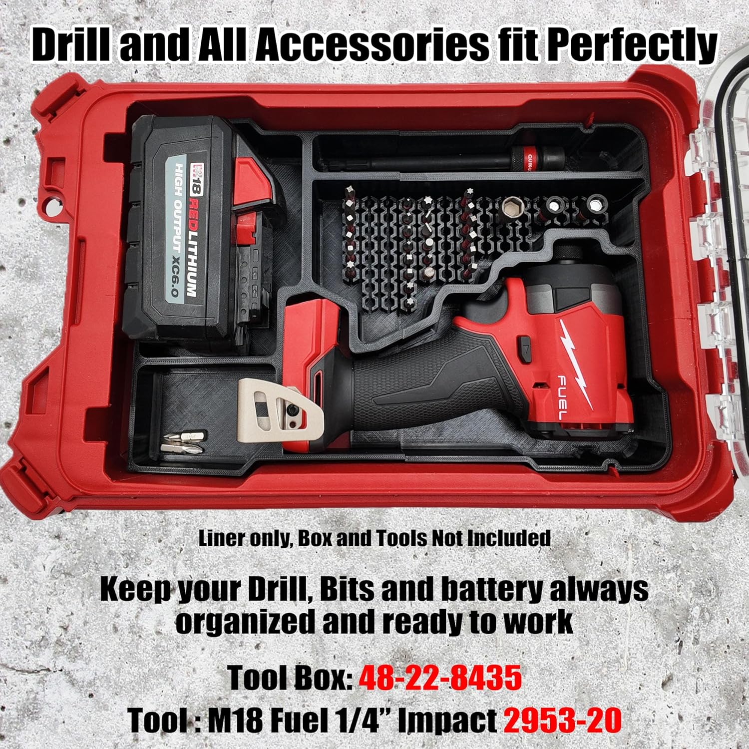 Insert for Milwaukee M18 FUEL 1/4" Hex Impact Driver 2953-20 – Packout Compact Organizer 48-22-8435 Liner – 68 Bit Storage