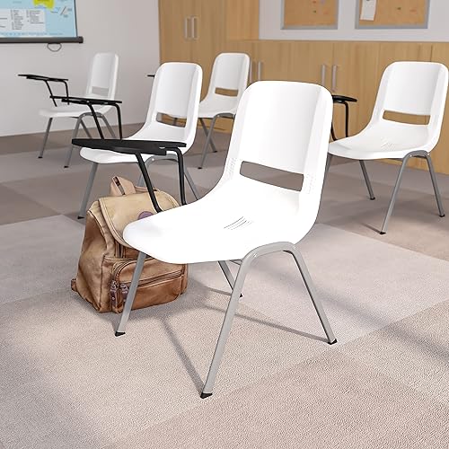 EMMA + OLIVER Silla ergonómica blanca con tableta abatible para diestros, escritorio con brazo para tableta