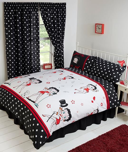 Single Bed Betty Boop Super Star, Duvet/Quilt Cover Bedding Set Fully Reversible, Singing and Dancing Music Notes Hearts Wink Lips Kiss Pudgy Dog Lines Polka Dot, Black White Red