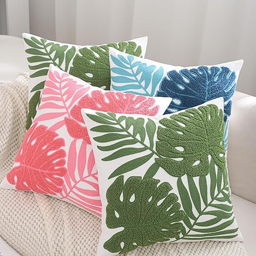 Miniatura 8 de Tosleo Juego de 2 fundas de almohada bordadas con hojas tropicales azules de 18 x 18 pulgadas, fundas de almohada de hojas de palma Monstera para