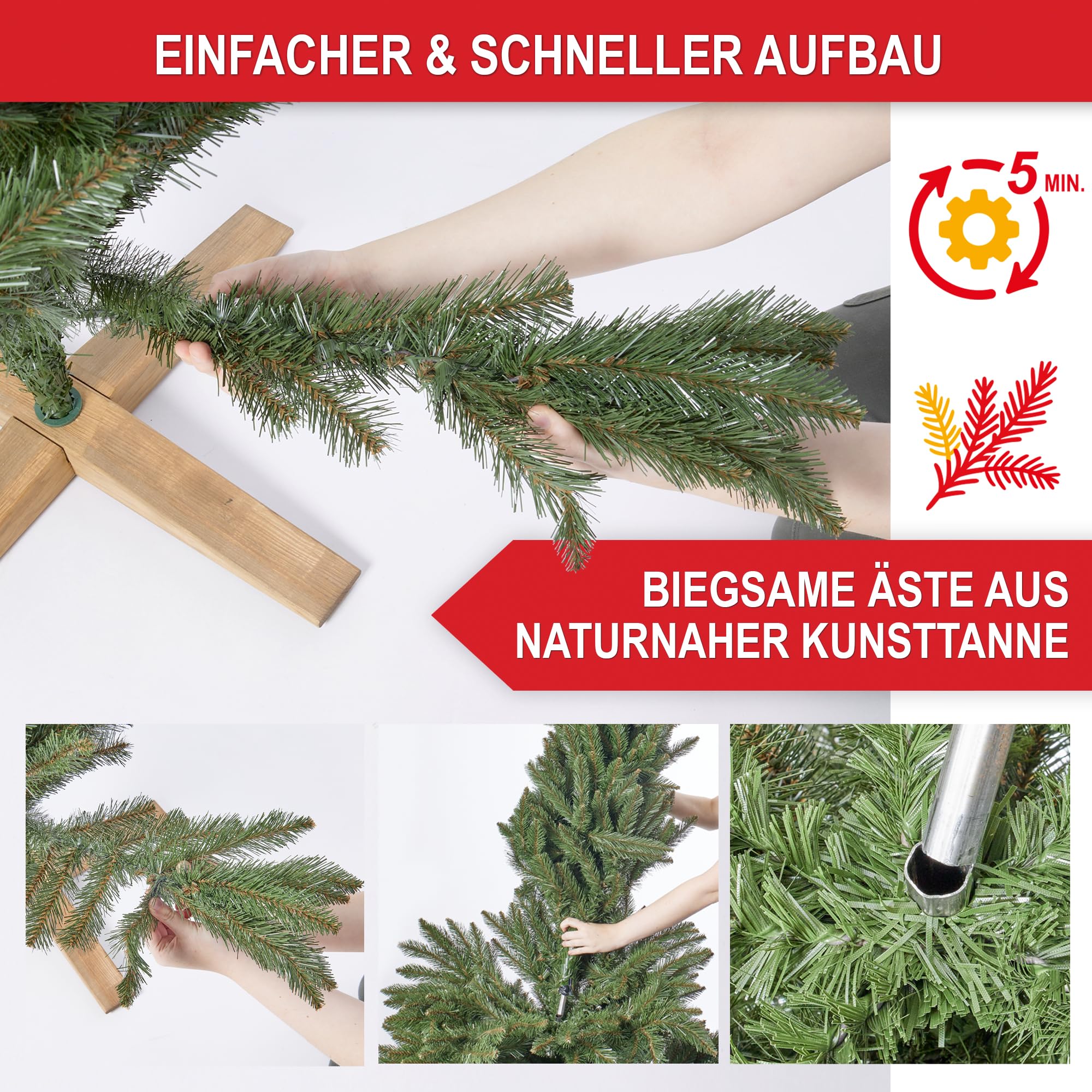 Wolkenland Künstlicher Weihnachtsbaum 180 cm – mit Tasche & Holzständer | Mit Aufbewahrungstasche, Holzständer und dicht bestückten Zweigen – künstlicher Tannenbaum für Weihnachten