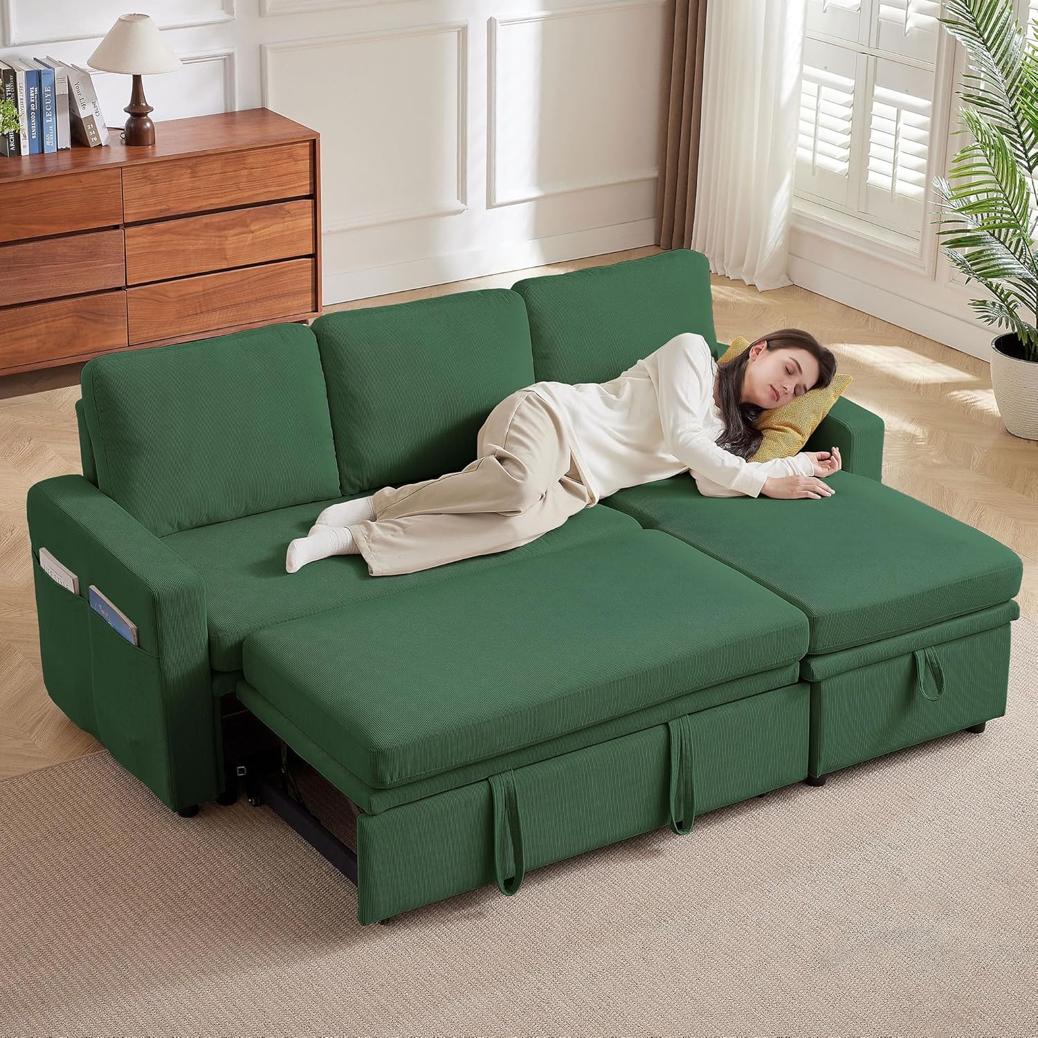 79'' Sleeper Sofa Bed, 3 Seater L Shaped Sofas, Convertible Modular Couch with Storage, Convertible Chair Bed Foldable Pull Out Couches for Living Room, Bedroom, Apartment, Office (Green)
