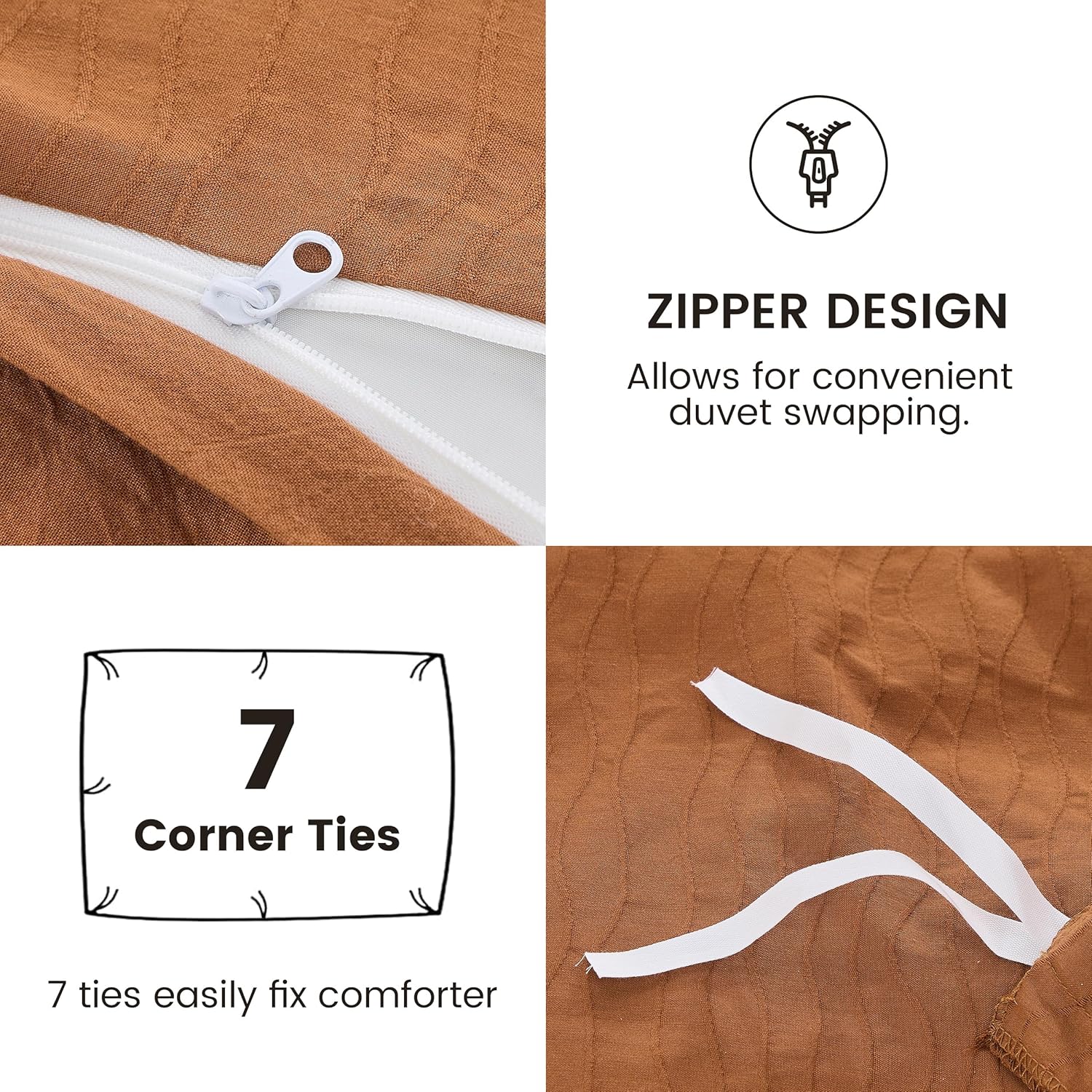 BISELINA 100% Washed Cotton Wave Jacquard Ripple Duvet Cover 3-Pieces Set,Solid,Boho Style, Comfortable, Breathable,Durable,Simple Design for All Seasons (Dark Orange, King)