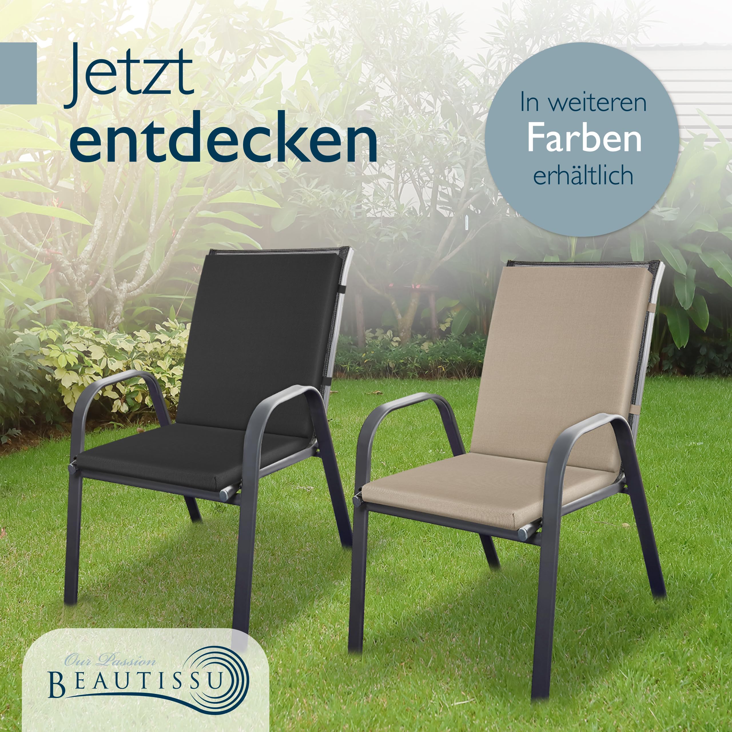 Beautissu 8er Set Premium Niedriglehner Auflage 100% Wasserdicht 100x50cm – UV-beständig Bequem Pflegeleicht Waschbar Sitzkissen Gartenstuhl – Polsterauflage Gartenmöbel Stuhlauflage Beige