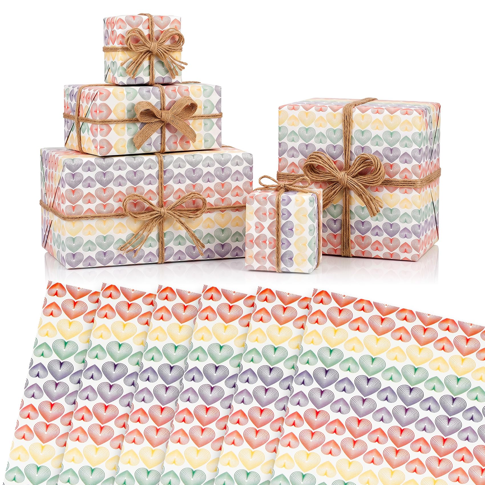 6 Sheets Rainbow Heart Wrapping Paper for Birthday, Wedding, Party Presents