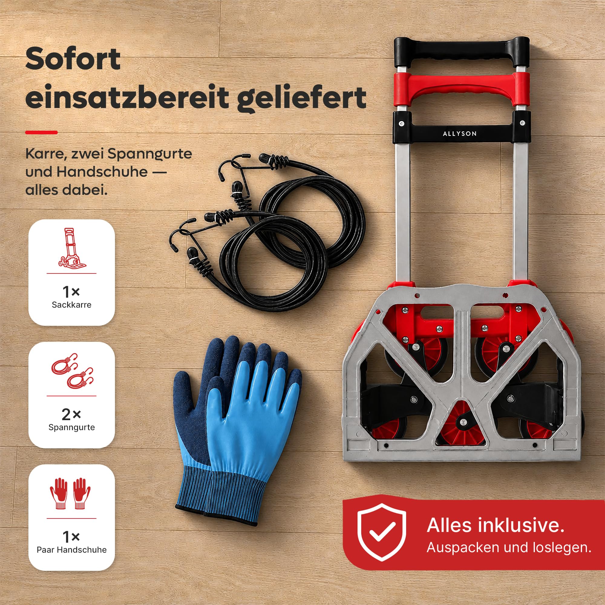 Allyson® Treppensteiger Sackkarre klappbar 6-Rad, bis 80kg (eben), Rot | Auf Treppen bis 30 kg belastbar, mit Vollgummireifen, inkl. Spanngurte & Sicherheitshandschuhe, Aluminiumrahmen, kompakt