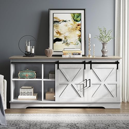 Miniatura 4 de YITAHOME Soporte de TV rústico para TV de 656055 pulgadas, centro de entretenimiento moderno rústico con puerta corrediza de granero, consola de TV