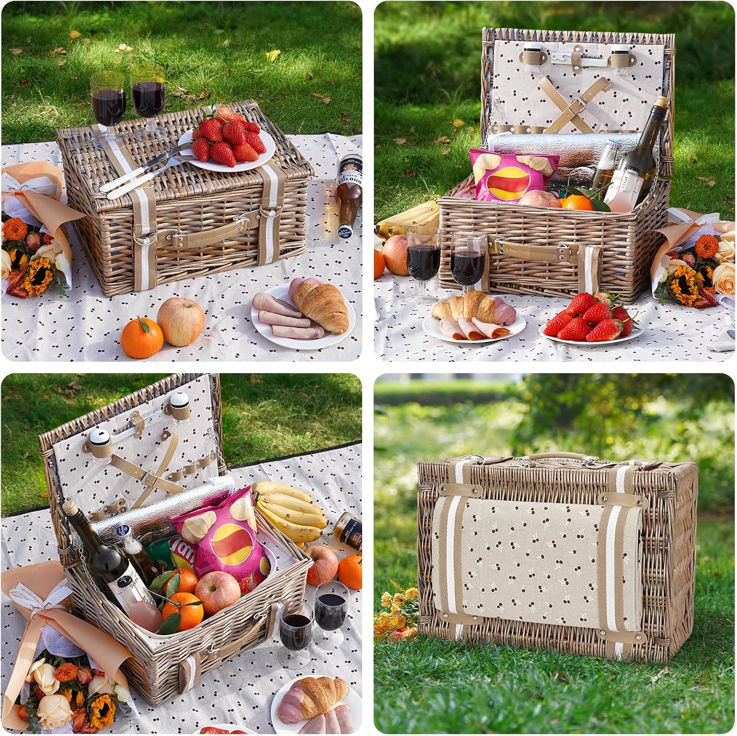 Willow Picnic Basket Set for 2 Persons with Large Insulated Cooler Bag and Waterproof Picnic Blanket, Wicker Picnic Hamper for Camping,Outdoor,Birthday - Image 9